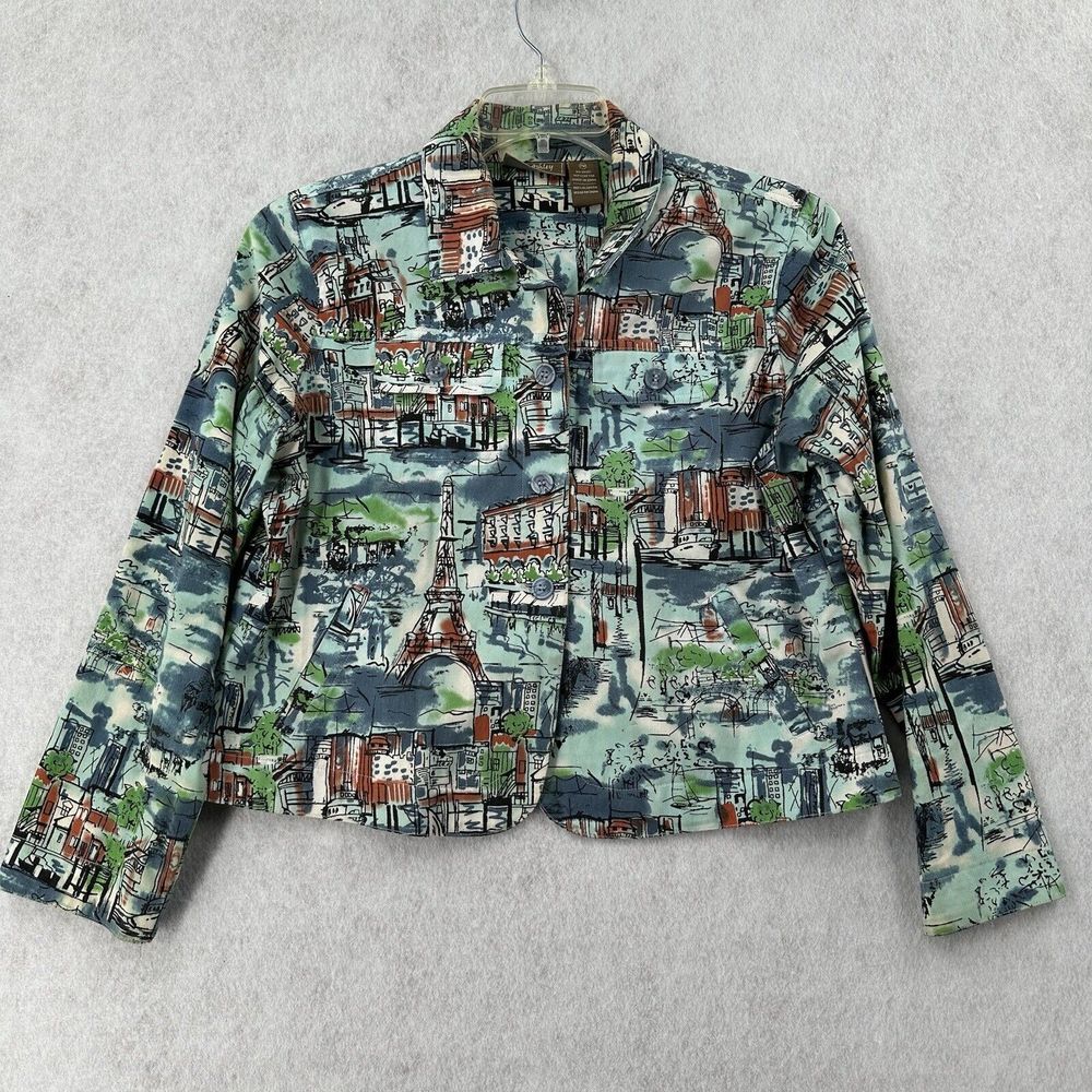 Jane Ashley Jacket Womens PM Blue Green Paris Art Deco Funky Art To Wear Shacket